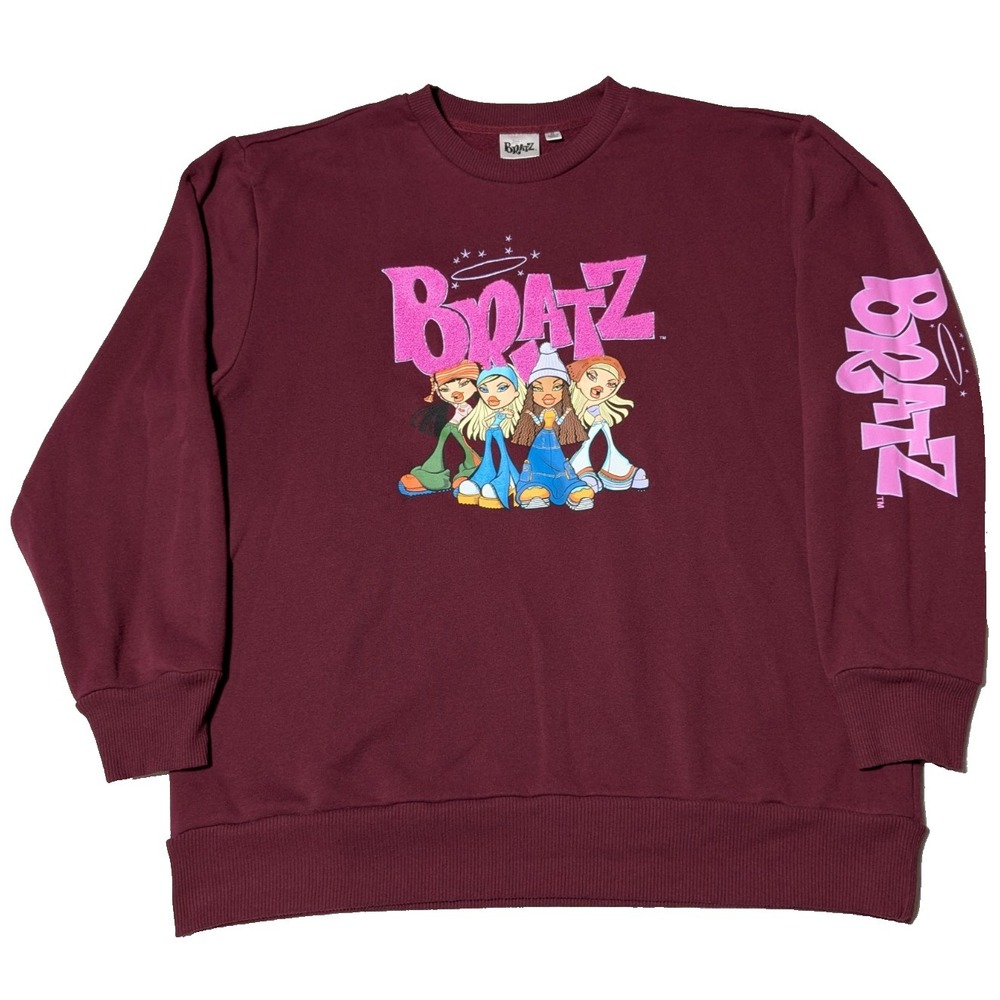 BRATZ DOLL GROUP Women Oversized XL Burgundy Fuzzy Logo Pullover‎ Sweatshirt